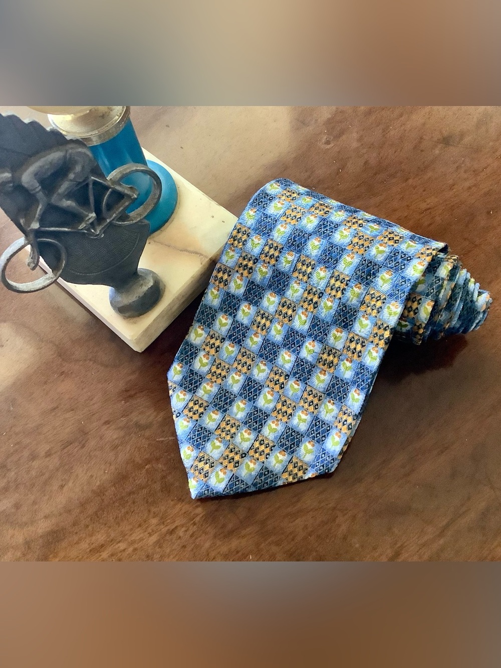 Ermenegildo Zegna Blue Tie with Gold and Green Geometric Motif NWOT